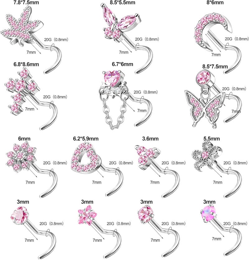Drperfect Gold Silver Nose Rings Nose Studs for Women Nose Piercings 20G L Shaped Corkscrew Dangle Nose Rings Studs Simulated Diamond Pink CZ Opal Dangling Dangly Hanging Nose Piercing Jewelry with Heart Star Butterfly Flower Cross Moon Charm Cute Dainty Nose Jewelry - Image 5